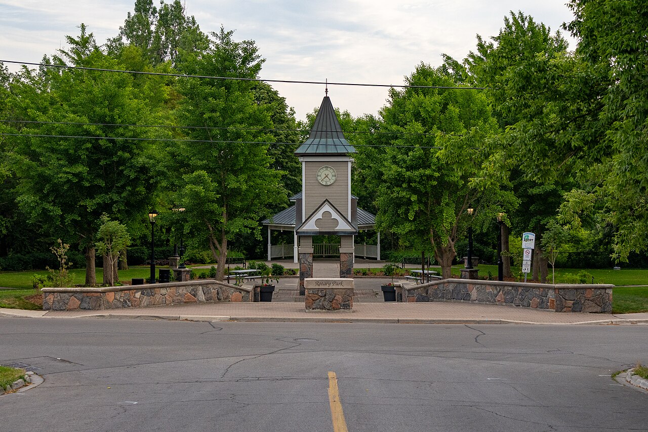 The clock tower pavilion and landscaped entrance at Rotary Park in Bowmanville